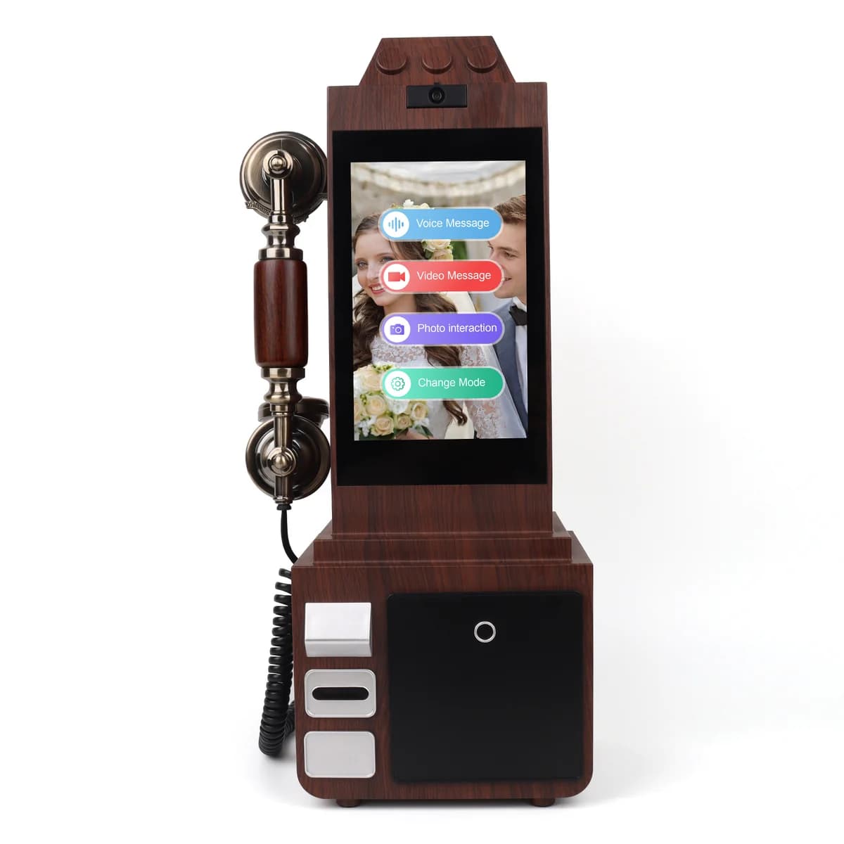 Deep Walnut Cheeta video guestbook phone shown from the front