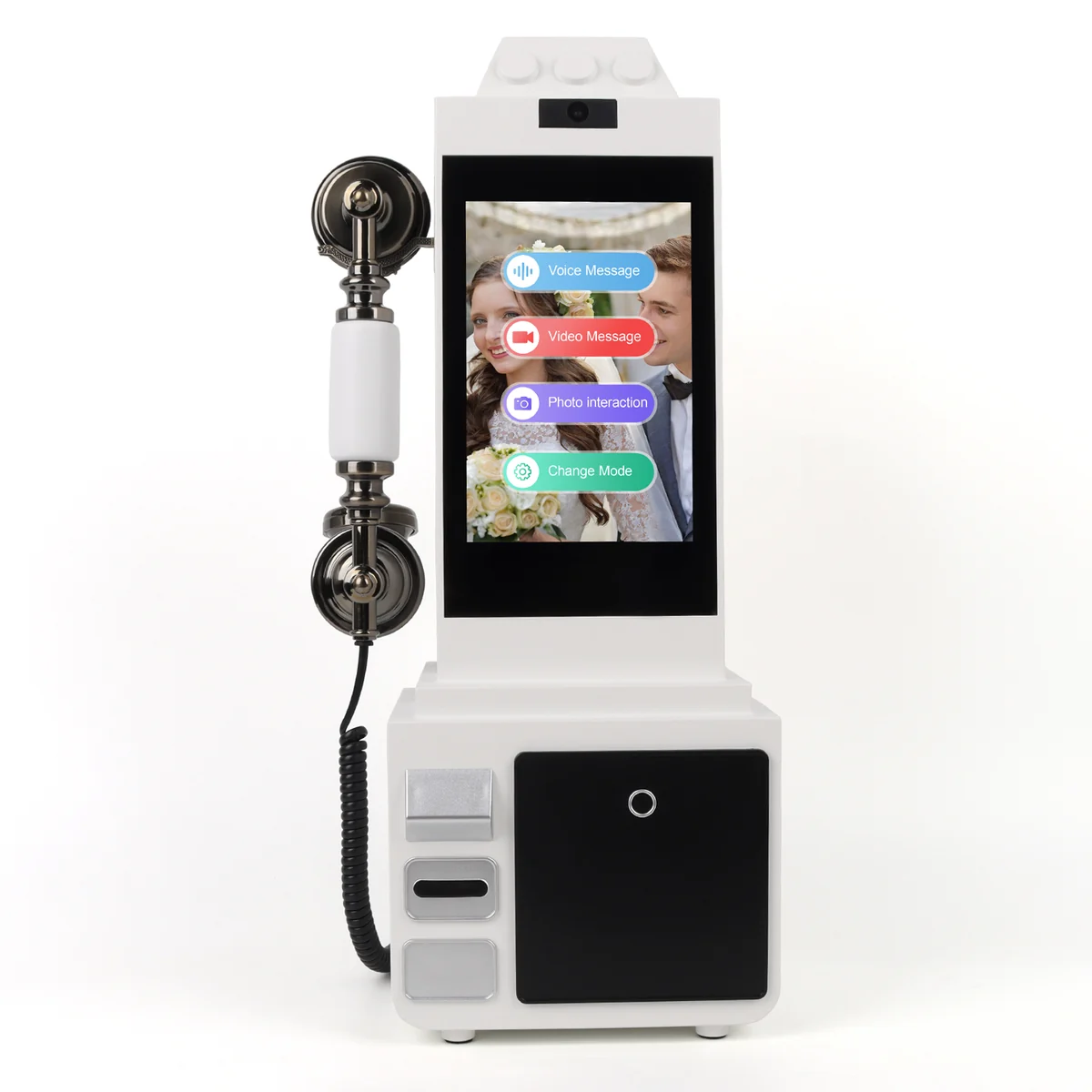 Pearl White Cheeta video guestbook phone shown from the front